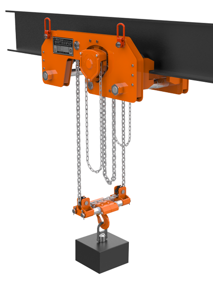 Low headroom trolley hoist on beam