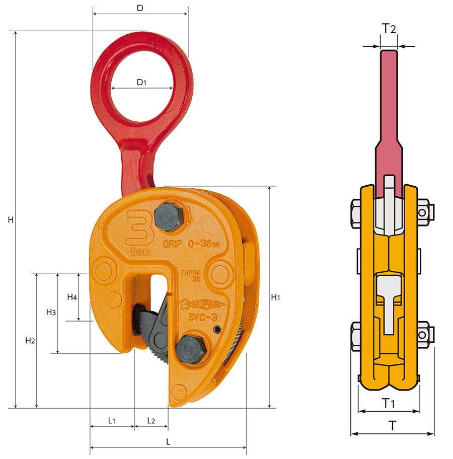 VERTICAL LIFTING CLAMP WITH STOPPER (SVC) - Dimensions